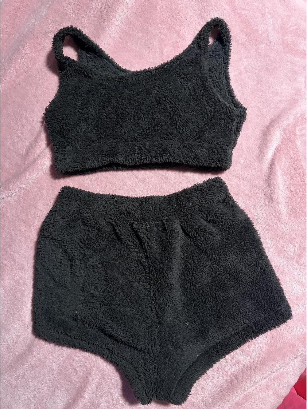 Cozy Black Fuzzy Two-Piece Lounge Set - Medium